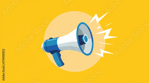 Vector art of a blue and white megaphone with sound waves on a yellow background