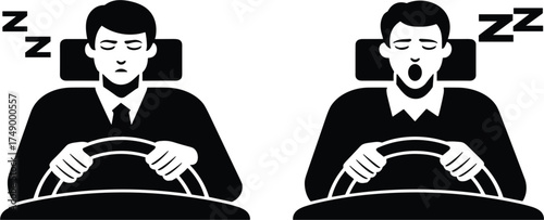 Drowsy driver falling asleep black silhouette vector illustration on white background
