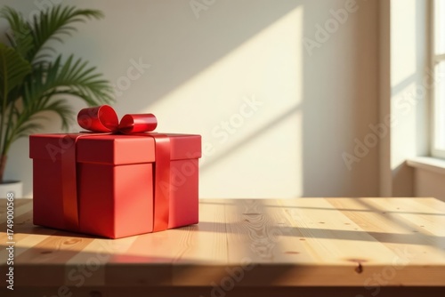 A bright red gift box with a satin ribbon sits on a light wood table, bathed in warm sunlight streaming through a nearby window.
