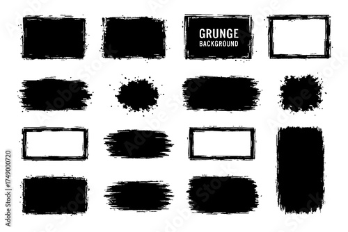 Black Brush Stroke and Ink Shape Collection | Grunge Texture, Paint Splatter, and Abstract Design Elements Set, Grunge Speech Bubble Frames Set | Hand Drawn Text Boxes and Brush Rectangle Labels.