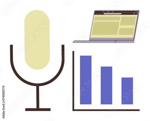 Microphone symbolizing audio content, bar chart showing analytics, laptop representing digital tools. Ideal for podcasting, marketing, content creation, analytics, technology, media communication