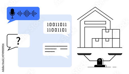 Speech input, binary code dialogues, warehouse with stacked boxes, and scale reflect themes of communication, data processing, logistics, balance, decision-making, inventory systems productivity