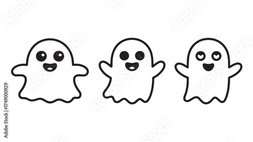 Three cute and friendly cartoon ghosts smiling happily on a white background