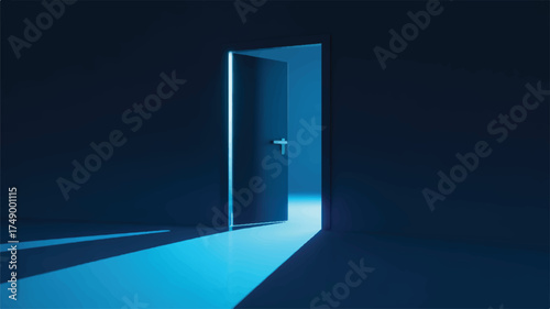 Vector art of open door in a dark room with bright light shining through the doorway