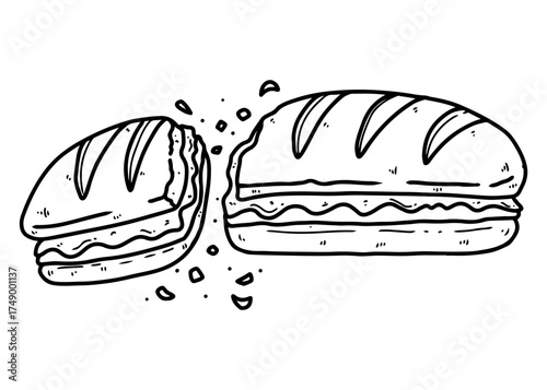 Line art illustration of a sandwich, partially cut, with crumbs or small pieces surrounding the cut area.
