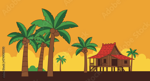 Tropical Village Scene with Palm Trees and Traditional House.