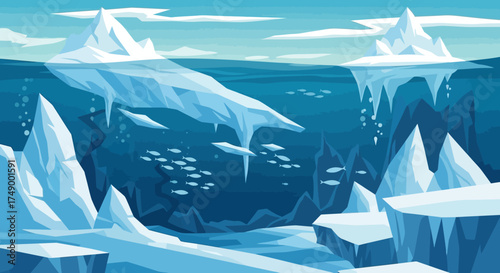 Underwater Arctic Scene with Icebergs and Fish Schools in Blue Waters.