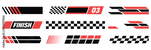 Race car vector set with racing stripes checkered flag dynamic motion lines motocross labels speed decals and sport stickers