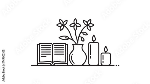 Cozy still life illustration with an open book, vase of flowers, and lit candles.