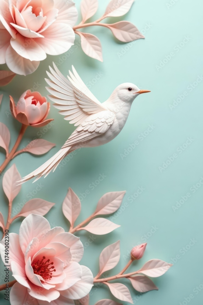 Obraz premium Serene White Bird in Flight Amongst Delicate Pastel Flowers on a Soft Mint Background