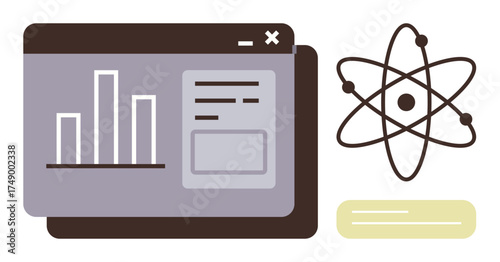 Bar graph and dashboard window next to atomic structure, symbolizing research, statistics, and innovation. Ideal for science, research, data analysis, education, innovation statistics