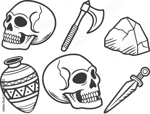 Ancient Warrior Artifacts Vector Icons - Skulls, Axe, Dagger, Pottery & Rock Outline Set