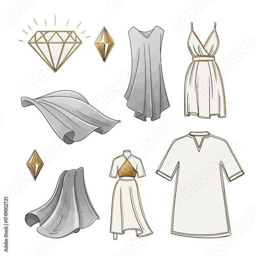 Luxury Hand-Drawn Fashion Sketch Set with Flowing Fabric, Diamond Gems, and Elegant White and Gold Women's Clothing

