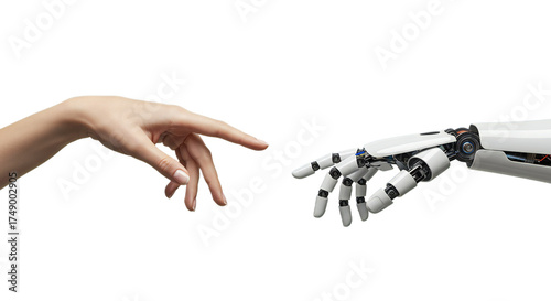 Mirrored side profile of photorealistic female and advanced robotic hand, poised against vast white space. Isolated on transparent background, png