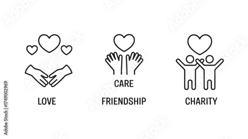 Icons symbolizing love, care, friendship, and charity with hearts and hands