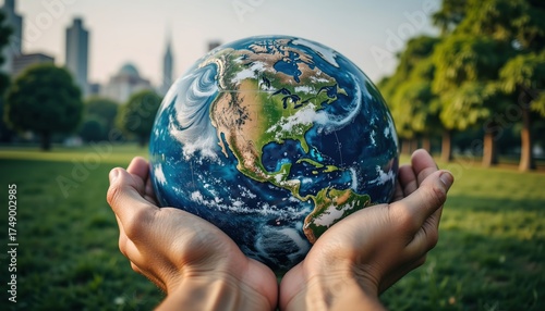 Two Hands Presenting Globe in Outdoor Setting with Urban Background