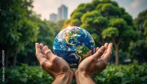 Hands Presenting Globe in Lush Green Environment with City Skyline
