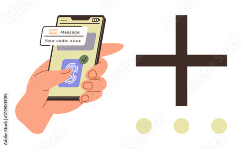 Finger pressing phone screen with fingerprint scan and message verifying code. Ideal for security, technology, authentication, privacy, mobile app, online safety, user verification. Simple flat