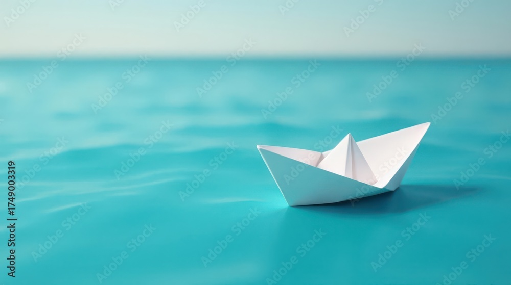 Obraz premium A solitary white paper boat floats serenely on a calm turquoise sea, a gentle symbol of hope and adventure.