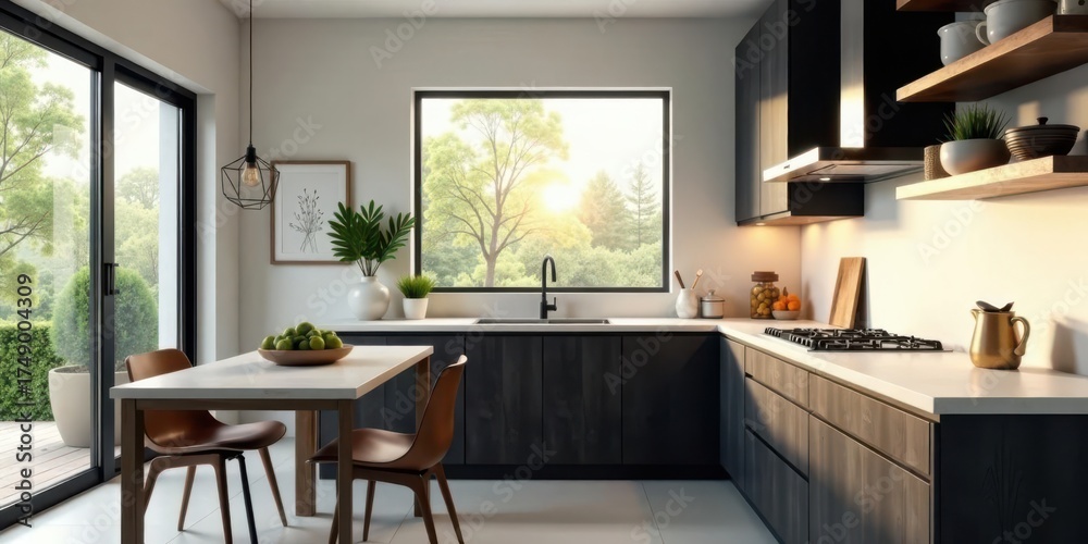 Fototapeta premium Modern kitchen design with sleek dark cabinets, a large window overlooking a tranquil garden, and a minimalist dining area featuring a light-colored table and leather chairs.