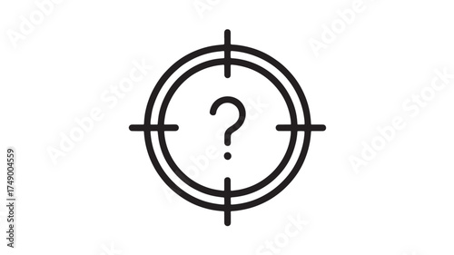 Question mark inside a crosshair scope, representing uncertainty, target, or a challenge.