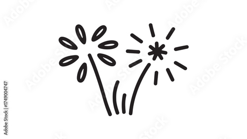 Simple line drawing of celebratory fireworks bursting in the night sky
