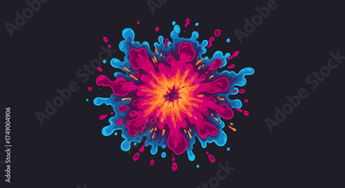 This abstract illustration captures a vibrant burst of pink, blue, and orange liquid splashes, radiating outward with dynamic energy on a dark background.