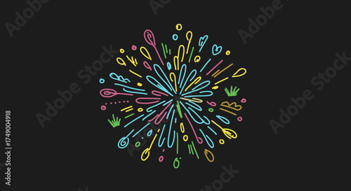 A vibrant, hand-drawn explosion of colorful lines and abstract shapes radiates outward on a dark background, symbolizing creativity and joy.