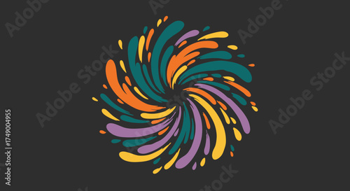 A vibrant abstract spiral illustration featuring a dynamic burst of colorful liquid splashes, creating a visually engaging and energetic design element.