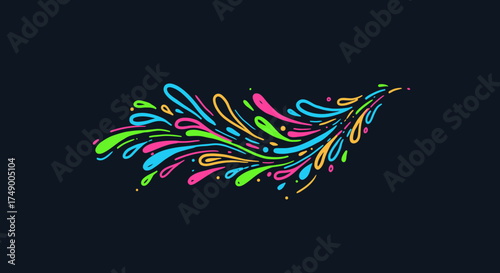 A vibrant, abstract splash of colorful liquid drops creates a dynamic and energetic visual against a dark background, symbolizing creativity.