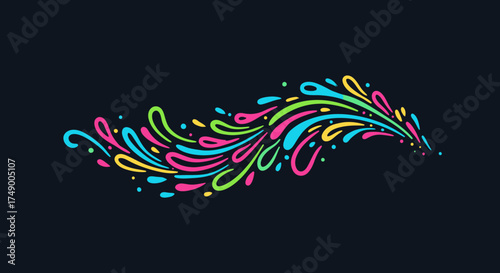 A vibrant abstract design illustrating a dynamic, flowing splash of colorful paint droplets and fluid shapes, creating an energetic visual against a dark background.