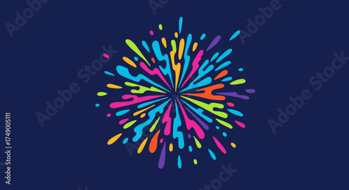 A vibrant explosion of colorful paint splashes radiates outwards from a central point against a deep blue background, symbolizing joy, creativity, and celebration.