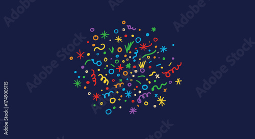 A vibrant explosion of colorful confetti, streamers, and abstract festive elements scattered on a deep blue background, perfect for any celebration.