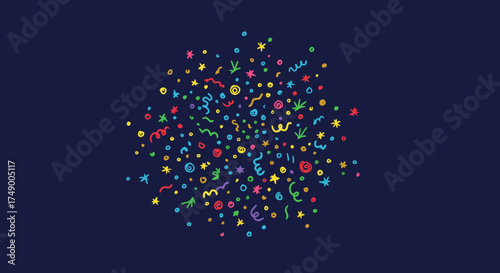 A dazzling array of bright, hand-drawn confetti and playful streamers bursts forth, creating a lively and energetic abstract celebration on a dark backdrop.