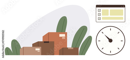 Cardboard boxes surrounded by plants, a clock for tracking delivery time, and a screen checklist. Ideal for logistics, packaging, time efficiency, e-commerce, supply chain, organization simple flat