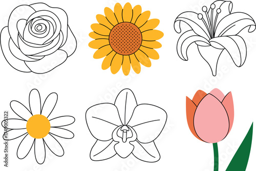 Assortment of stylized flowers in flat design style with varied colors Keywords: flower, floral