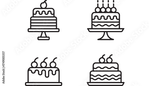 Four stylized line art illustrations of festive tiered cakes with cherry toppings