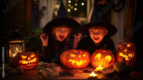 Adorable Kids Dressed in Cute Costumes Gather Around Glowing Pumpkin Lanterns on a Cozy Halloween Night, Laughing and Sharing Sweet Treats—Capturing Warm, Whimsical Moments of Childhood Joy Under the 