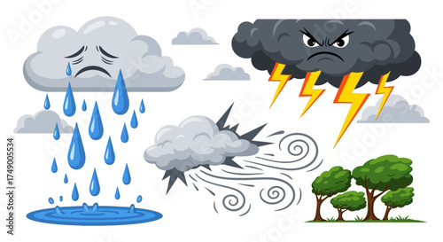 Weather Icons - Rain, Storm, Wind, and Thunder.