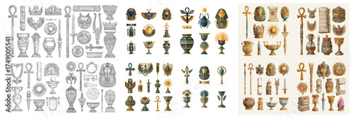 Egyptian artifacts and ancient symbols set including ankh, scarabs, vases, and jewelry. Hand-drawn and colored illustrations for historical, mystical, or cultural creative design projects.