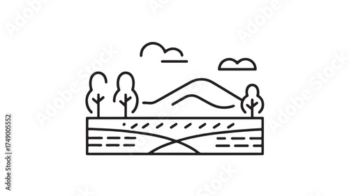 Minimalist landscape illustration with rolling hills, trees, and clouds