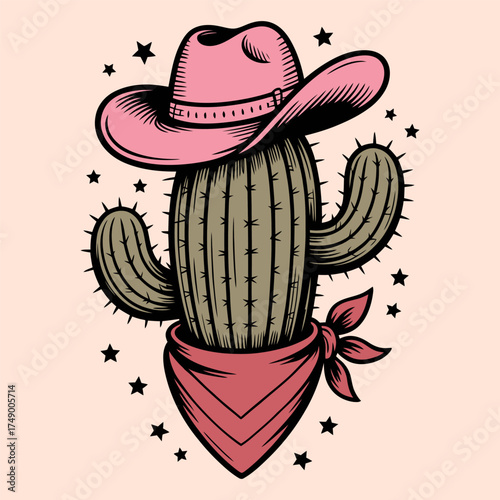 Cowboy Cactus with Pink Hat and Bandana Illustration