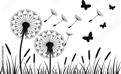 Black Silhouette Dandelions and Butterflies Flying in the Wind seed seeds