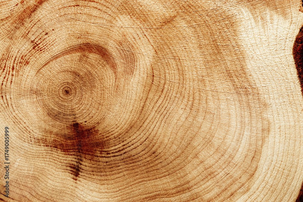 Naklejka premium Wooden annual rings texture natural background, circle shape of wood timber as nature pattern. Cross-section of juniper. Wooden aesthetic texture fon, environmental design, plain natural surface