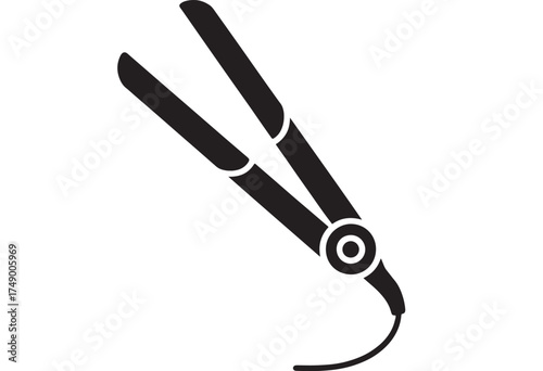 Sleek black hair straightener with cord on white background