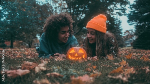 Adorable Kids Dressed in Cute Costumes Gather Around Glowing Pumpkin Lanterns on a Cozy Halloween Night, Laughing and Sharing Sweet Treats—Capturing Warm, Whimsical Moments of Childhood Joy Under the 