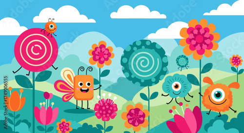 Whimsical Garden Scene with Cartoon Characters and Colorful Flowers.
