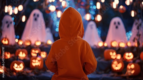 Adorable Kids Dressed in Cute Costumes Gather Around Glowing Pumpkin Lanterns on a Cozy Halloween Night, Laughing and Sharing Sweet Treats—Capturing Warm, Whimsical Moments of Childhood Joy Under the 