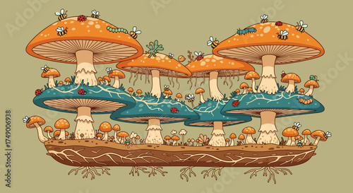 Whimsical Mushroom Landscape with Bees and Tiny Figures.