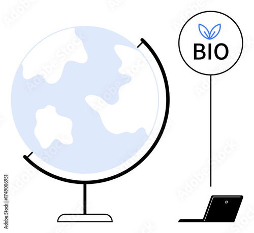 Globe showcasing continents, eco-friendly icon with leaf and BIO text, modern laptop. Ideal for sustainability, global education, environmental consciousness, green technology, eco-friendly